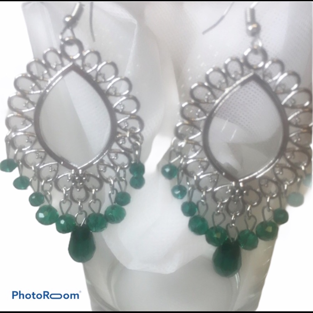Silver Color Bohemian Earrings with green beads